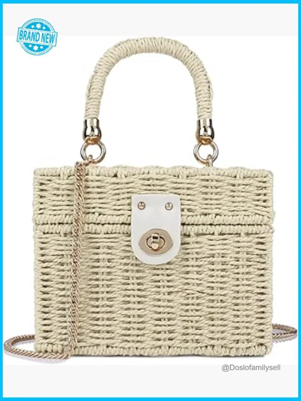 Handwoven Rattan Crossbody Bag Straw Beach Tote Satchel with Chain Strap